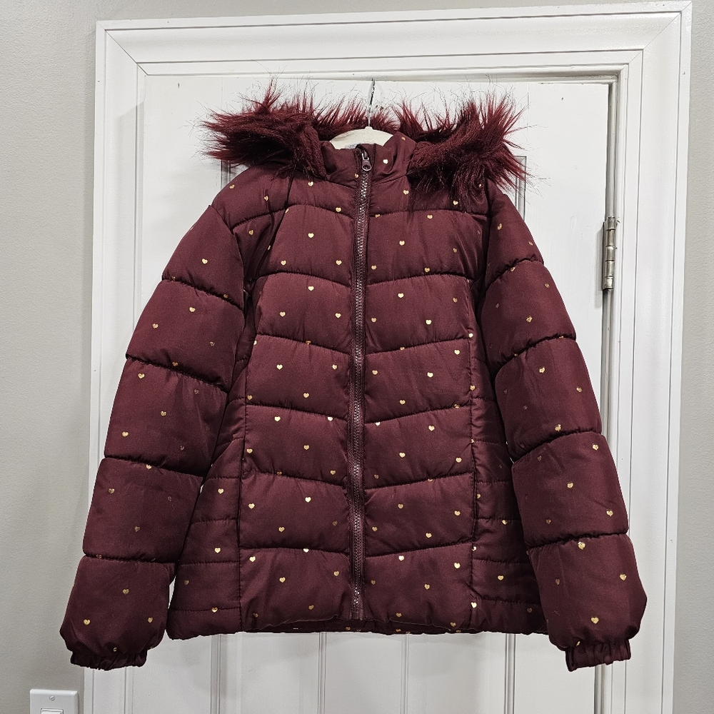 Arizona Jean Co Girls Maroon Gold Foil Heart Faux Fur Hood Puffer Jacket 10/12